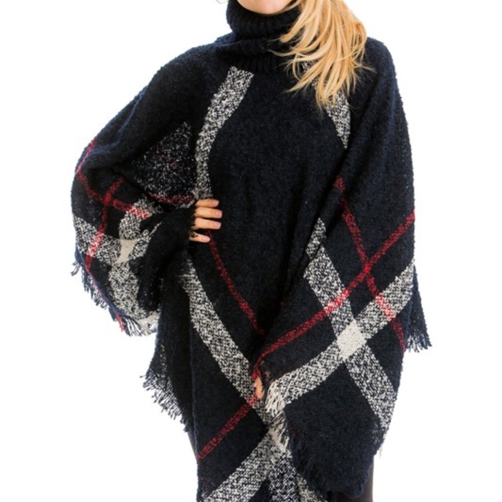 Navy Plaid Poncho